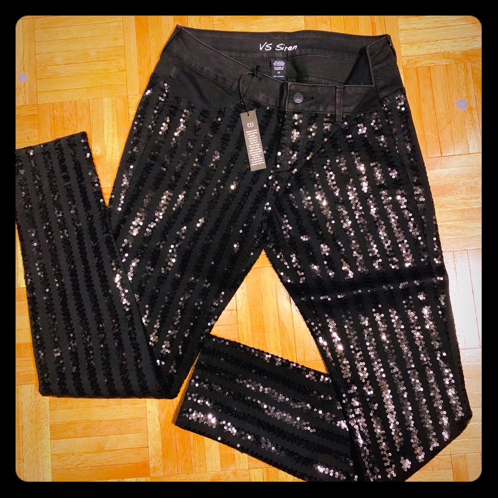 VINTAGE NWT VS SIREN BLACK SEQUIN JEANS SKINNY 12